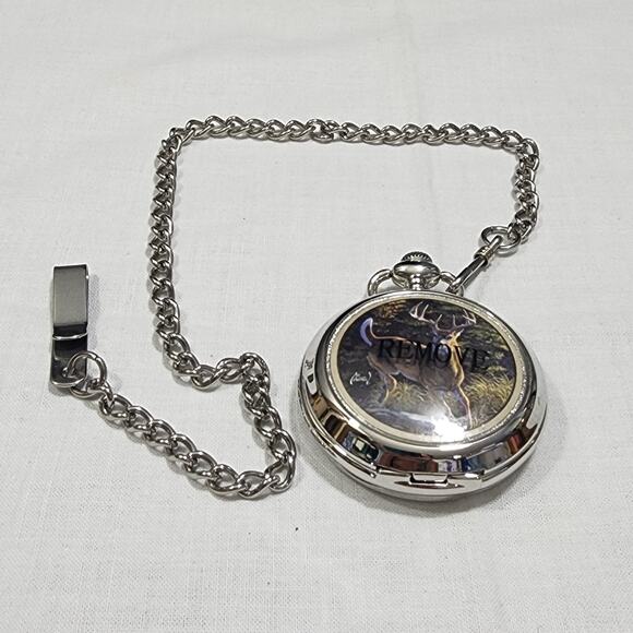 Al Agnew White Tailed Deer Pocket Watch Quartz Movement Silver Tone Case Chain - Picture 2 of 16